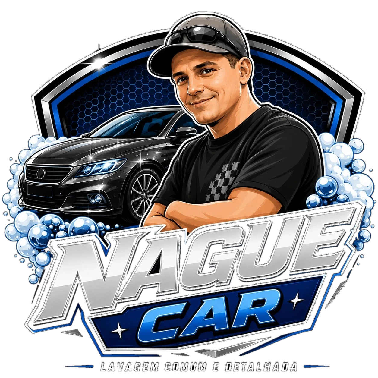 Logo Nague Car com o mascote de braços cruzados ao lado de um carro preto brilhando